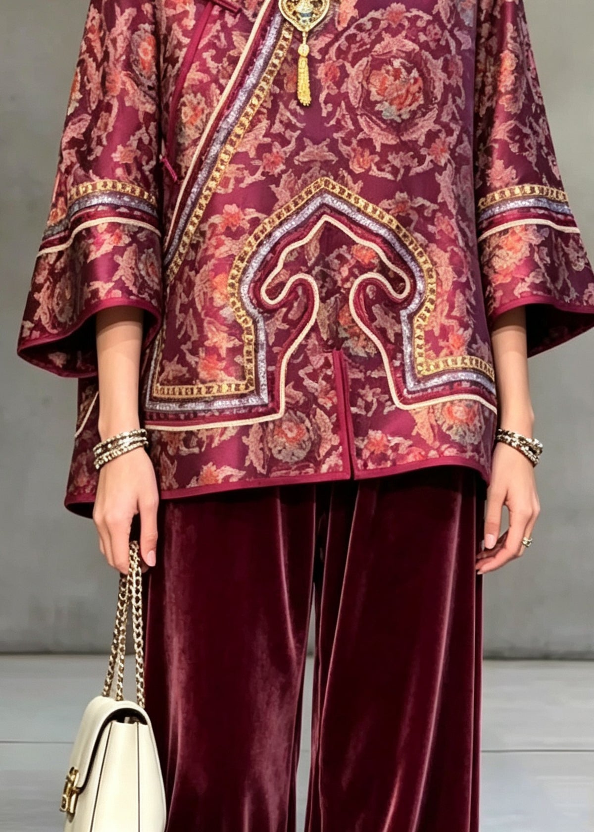 Vintage Red O Neck Print Oriental Button Silk Shirt Top Fall