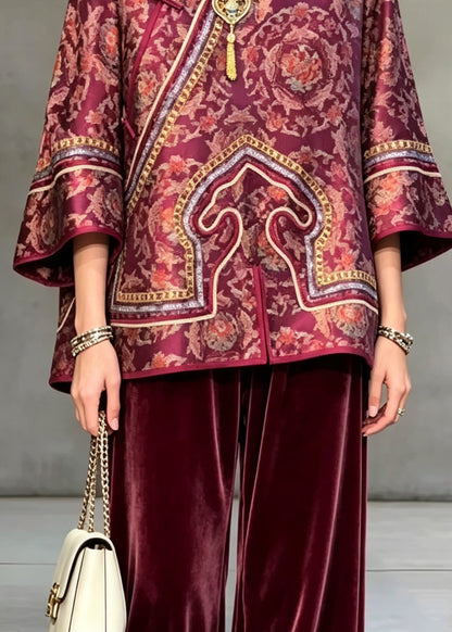 Vintage Red O Neck Print Oriental Button Silk Shirt Top Fall
