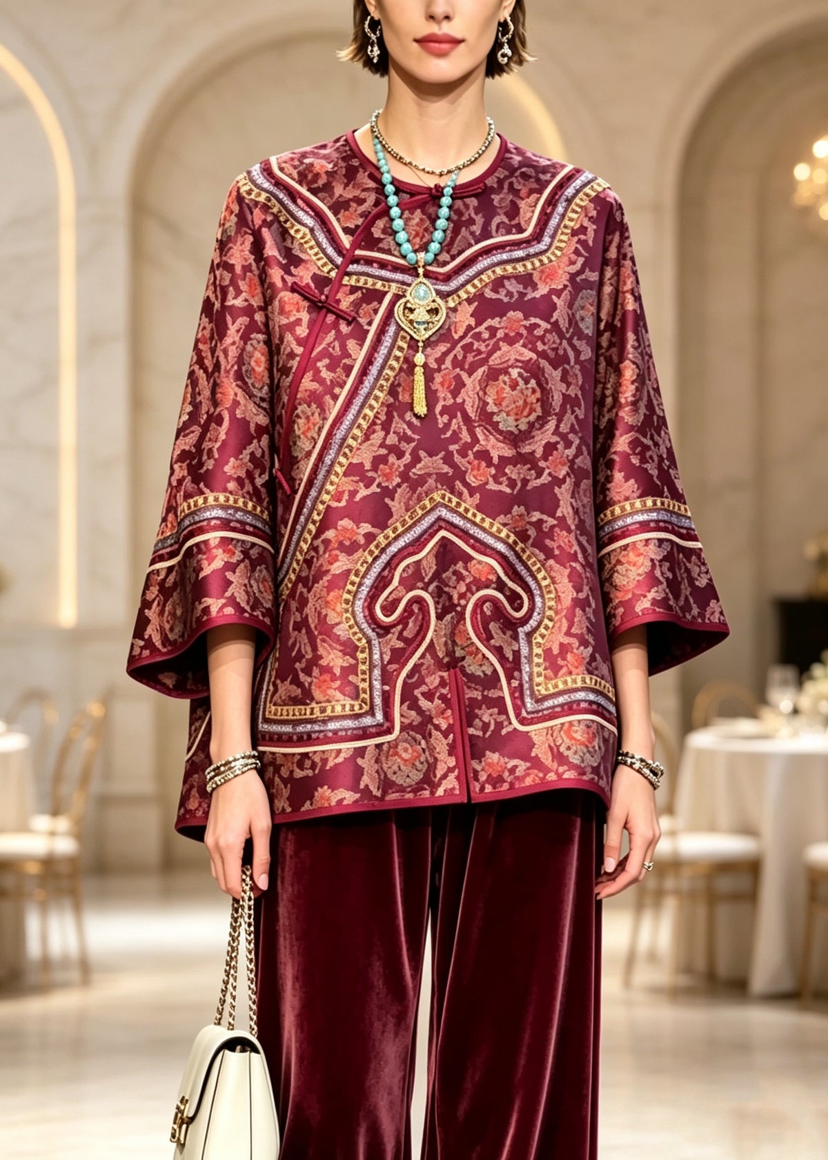 Vintage Red O Neck Print Oriental Button Silk Shirt Top Fall