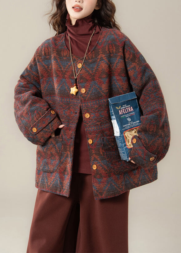Vintage Red O Neck Print Pockets Cotton Filled Parkas Winter
