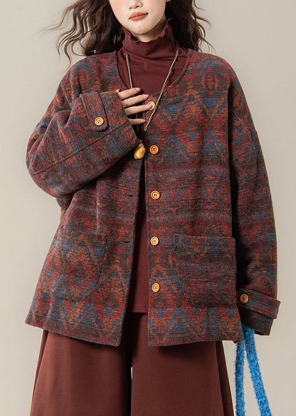 Vintage Red O Neck Print Pockets Cotton Filled Parkas Winter