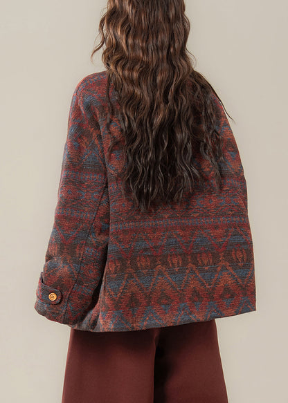 Vintage Red O Neck Print Pockets Cotton Filled Parkas Winter