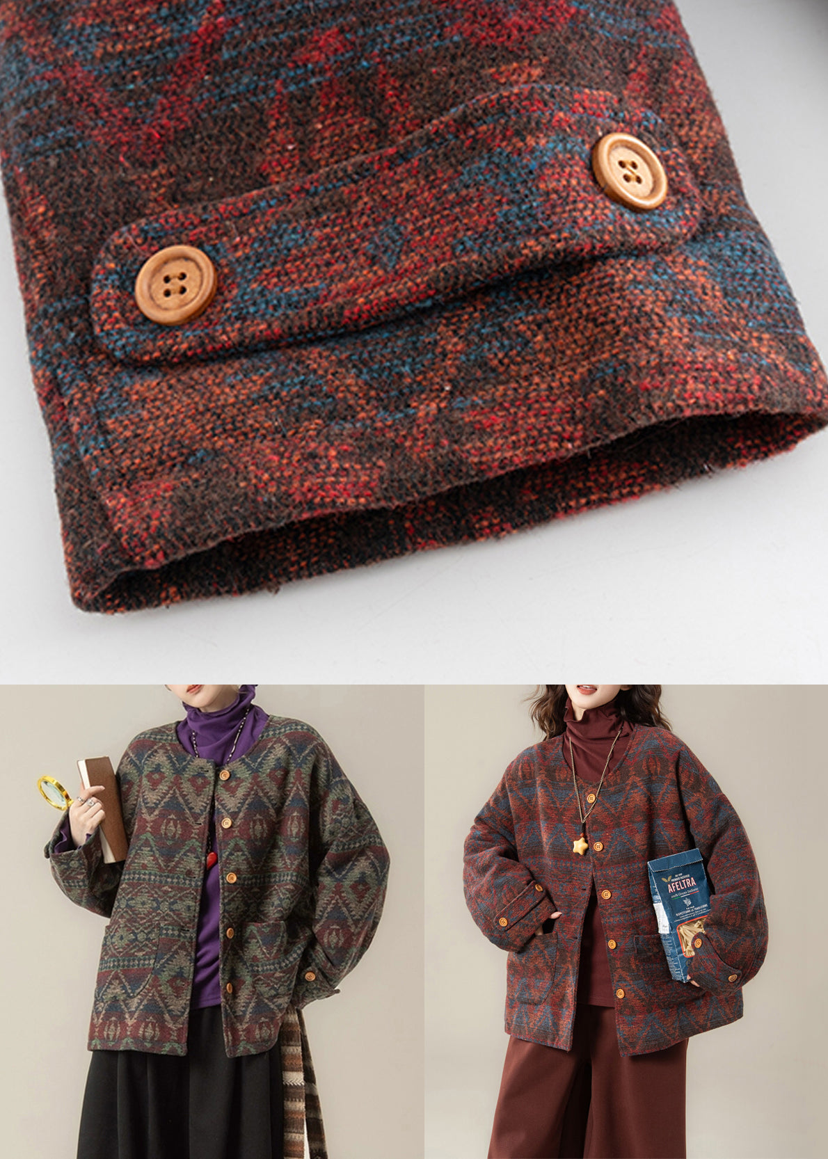 Vintage Red O Neck Print Pockets Cotton Filled Parkas Winter