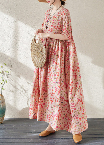 Vintage Red O-Neck Print Wrinkled Long Dresses Short Sleeve