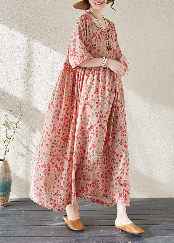 Vintage Red O-Neck Print Wrinkled Long Dresses Short Sleeve