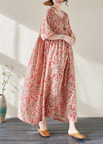 Vintage Red O-Neck Print Wrinkled Long Dresses Short Sleeve