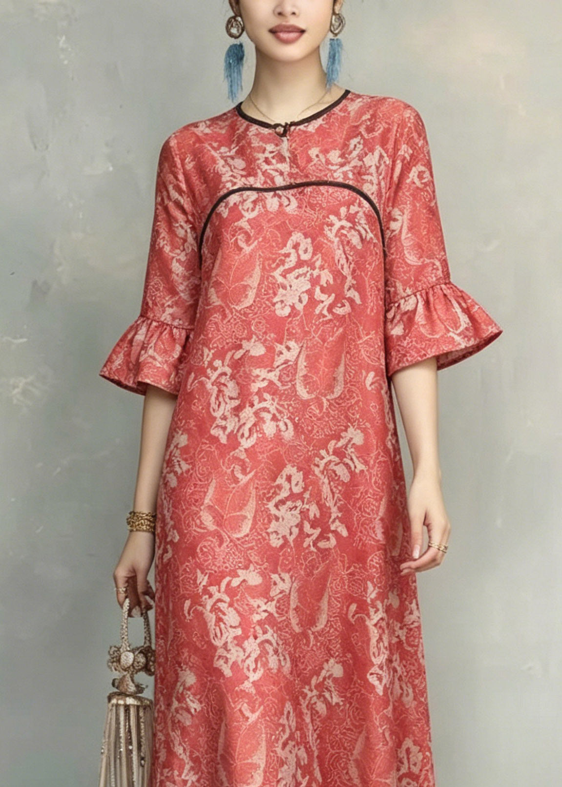 Vintage Red O-Neck Ruffled Patchwork Long Dresses Short Sleeve