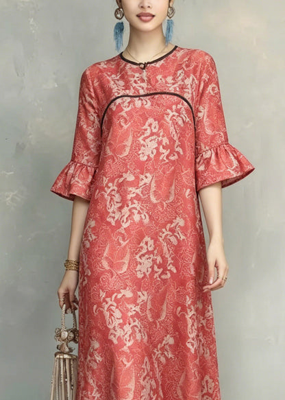 Vintage Red O-Neck Ruffled Patchwork Long Dresses Short Sleeve
