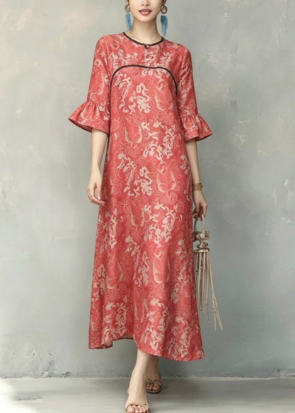 Vintage Red O-Neck Ruffled Patchwork Long Dresses Short Sleeve