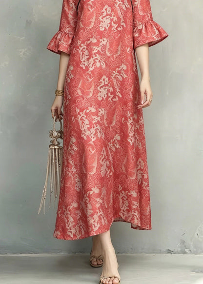 Vintage Red O-Neck Ruffled Patchwork Long Dresses Short Sleeve