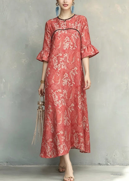 Vintage Red O-Neck Ruffled Patchwork Long Dresses Short Sleeve