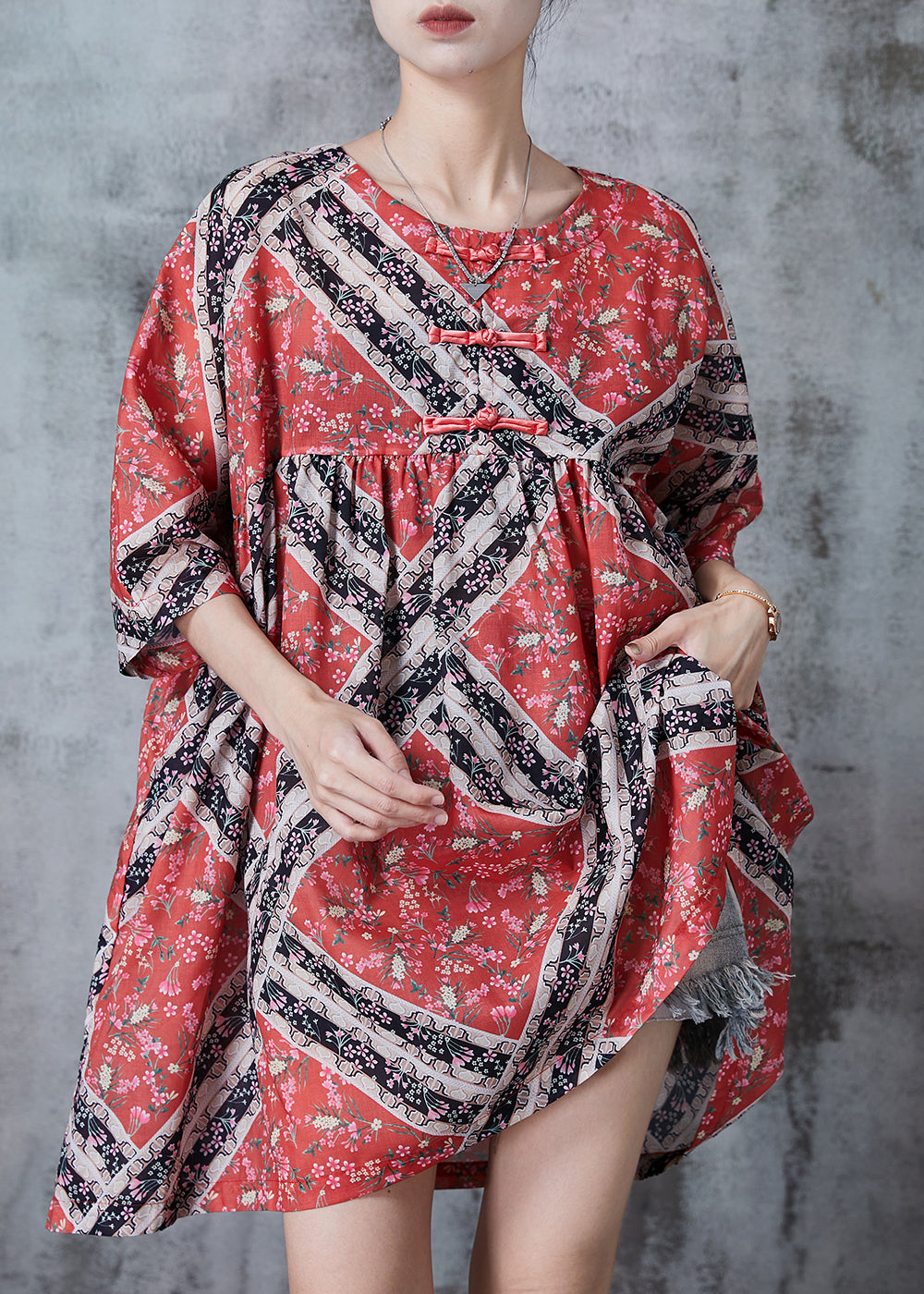 Vintage Red Oversized Print Cotton Mid Dresses Summer