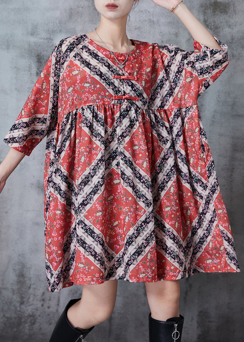 Vintage Red Oversized Print Cotton Mid Dresses Summer