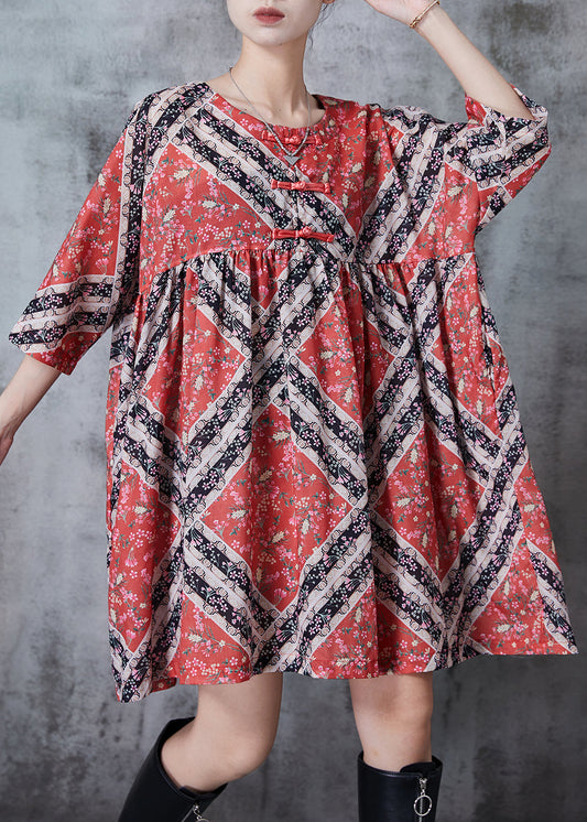 Vintage Red Oversized Print Cotton Mid Dresses Summer