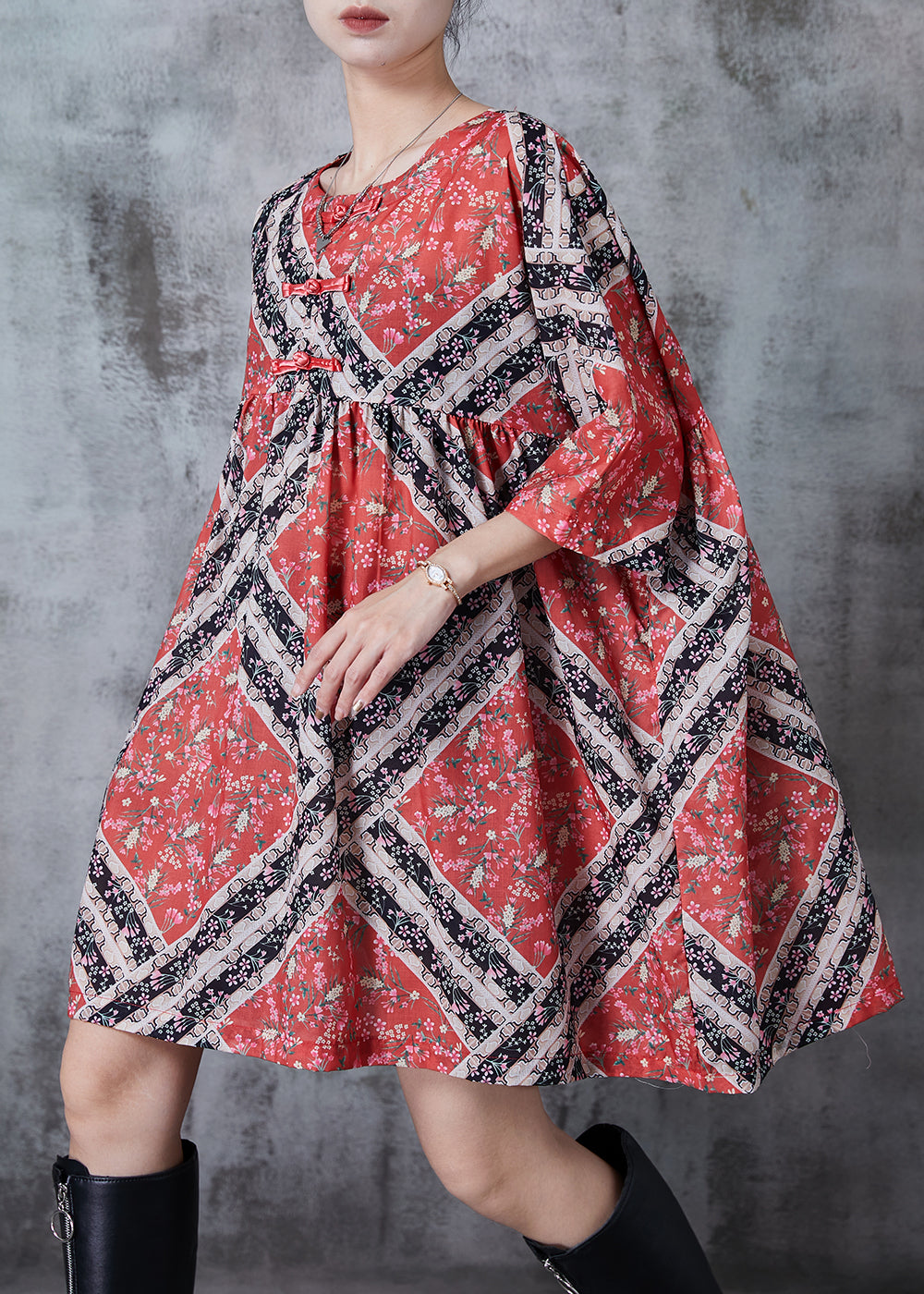 Vintage Red Oversized Print Cotton Mid Dresses Summer