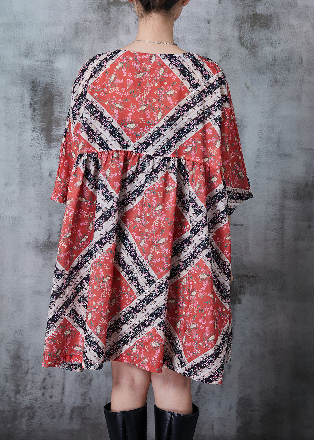 Vintage Red Oversized Print Cotton Mid Dresses Summer