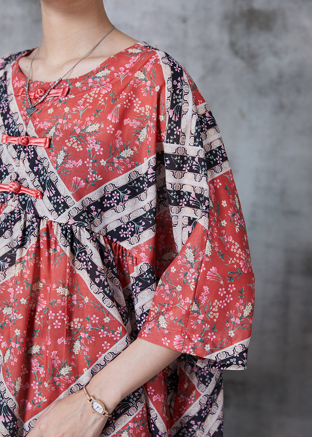 Vintage Red Oversized Print Cotton Mid Dresses Summer