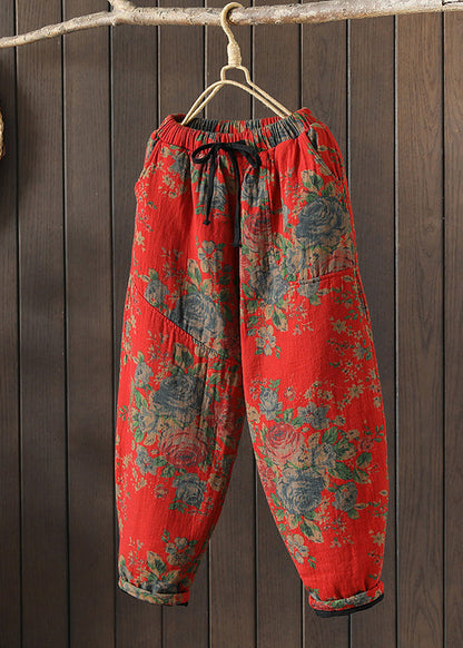 Vintage Red Oversized Print Fine Cotton Filled Pants Winter