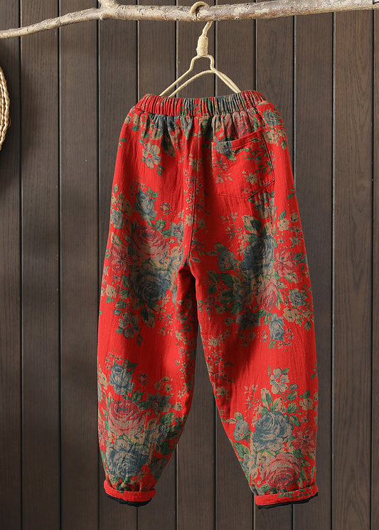 Vintage Red Oversized Print Fine Cotton Filled Pants Winter
