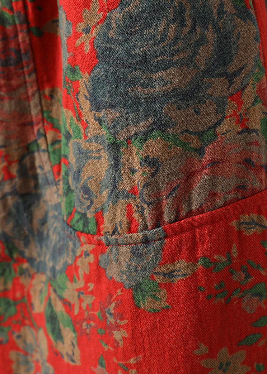 Vintage Red Oversized Print Fine Cotton Filled Pants Winter
