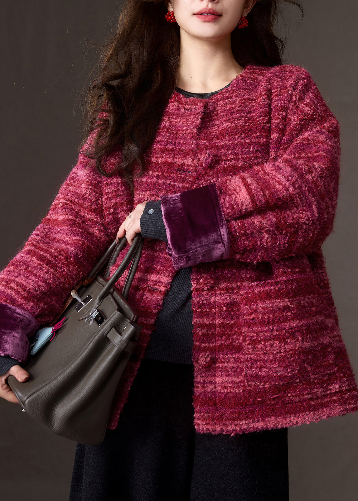 Vintage Red Patchwork Button Cashmere Down Coats Winter