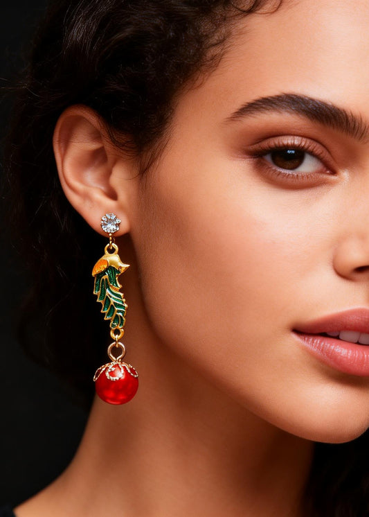 Vintage Red Pearl Cloisonne Gilding Drop Earrings