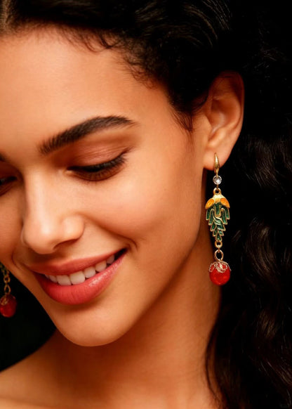 Vintage Red Pearl Cloisonne Gilding Drop Earrings