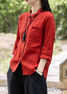 Vintage Red Peter Pan Collar Pockets Shirts Spring