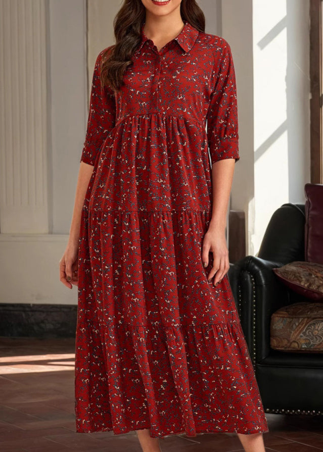 Vintage Red Peter Pan Collar Print Cotton Long Dress Half Sleeve