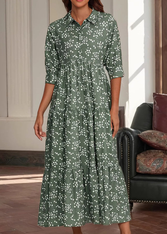 Vintage Red Peter Pan Collar Print Cotton Long Dress Half Sleeve