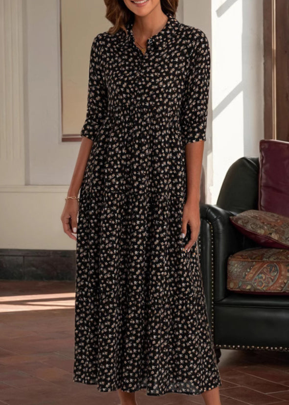 Vintage Red Peter Pan Collar Print Cotton Long Dress Half Sleeve