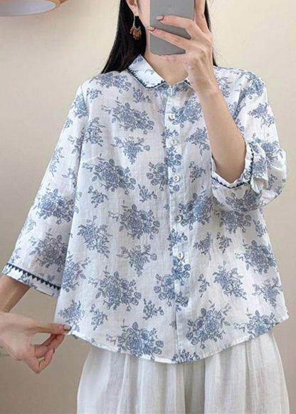 Vintage Red Peter Pan Collar Print Linen Shirt Three Quarter Sleeve