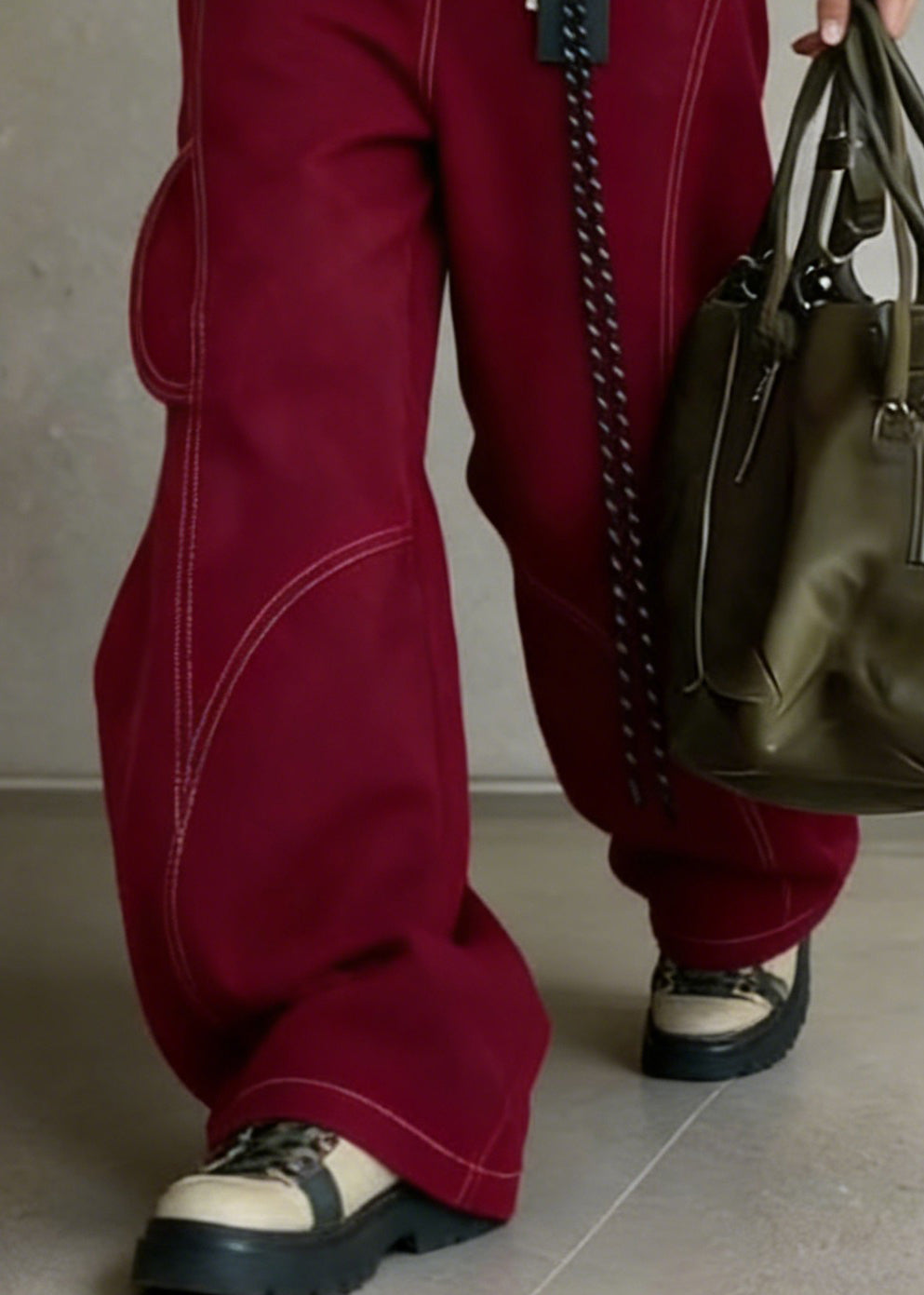 Vintage Red Pockets High Waist Cotton Wide Leg Pants Spring