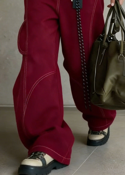 Vintage Red Pockets High Waist Cotton Wide Leg Pants Spring