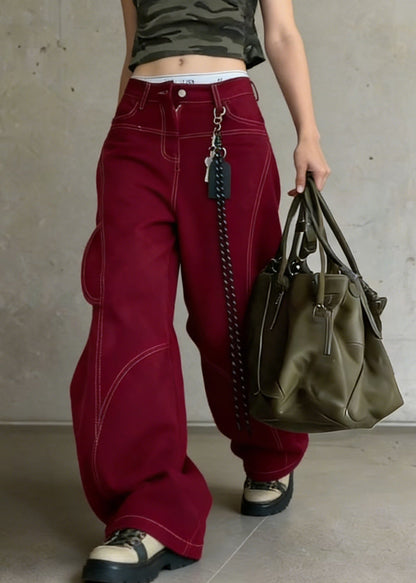 Vintage Red Pockets High Waist Cotton Wide Leg Pants Spring
