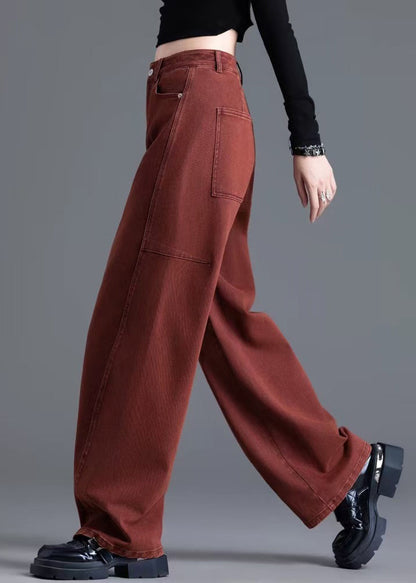 Vintage Red Pockets High Waist Denim Wide Leg Pants Spring