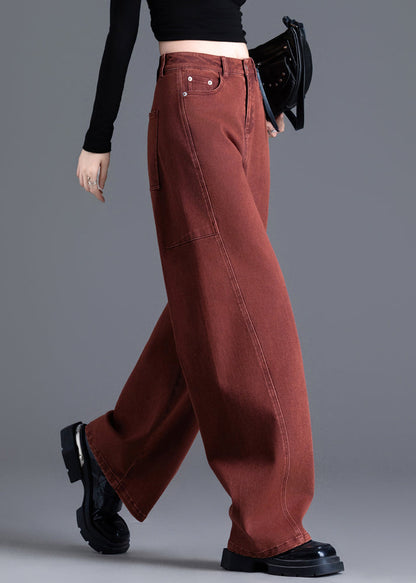Vintage Red Pockets High Waist Denim Wide Leg Pants Spring