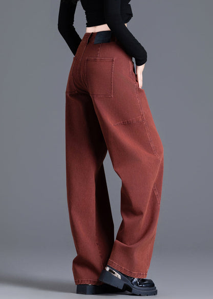 Vintage Red Pockets High Waist Denim Wide Leg Pants Spring