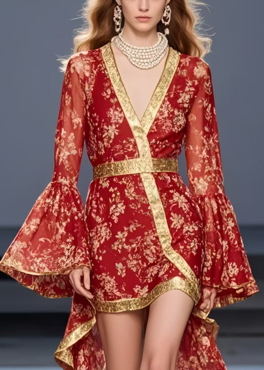 Vintage Red Print Asymmetrical Design Chiffon Mid Dress Flare Sleeve