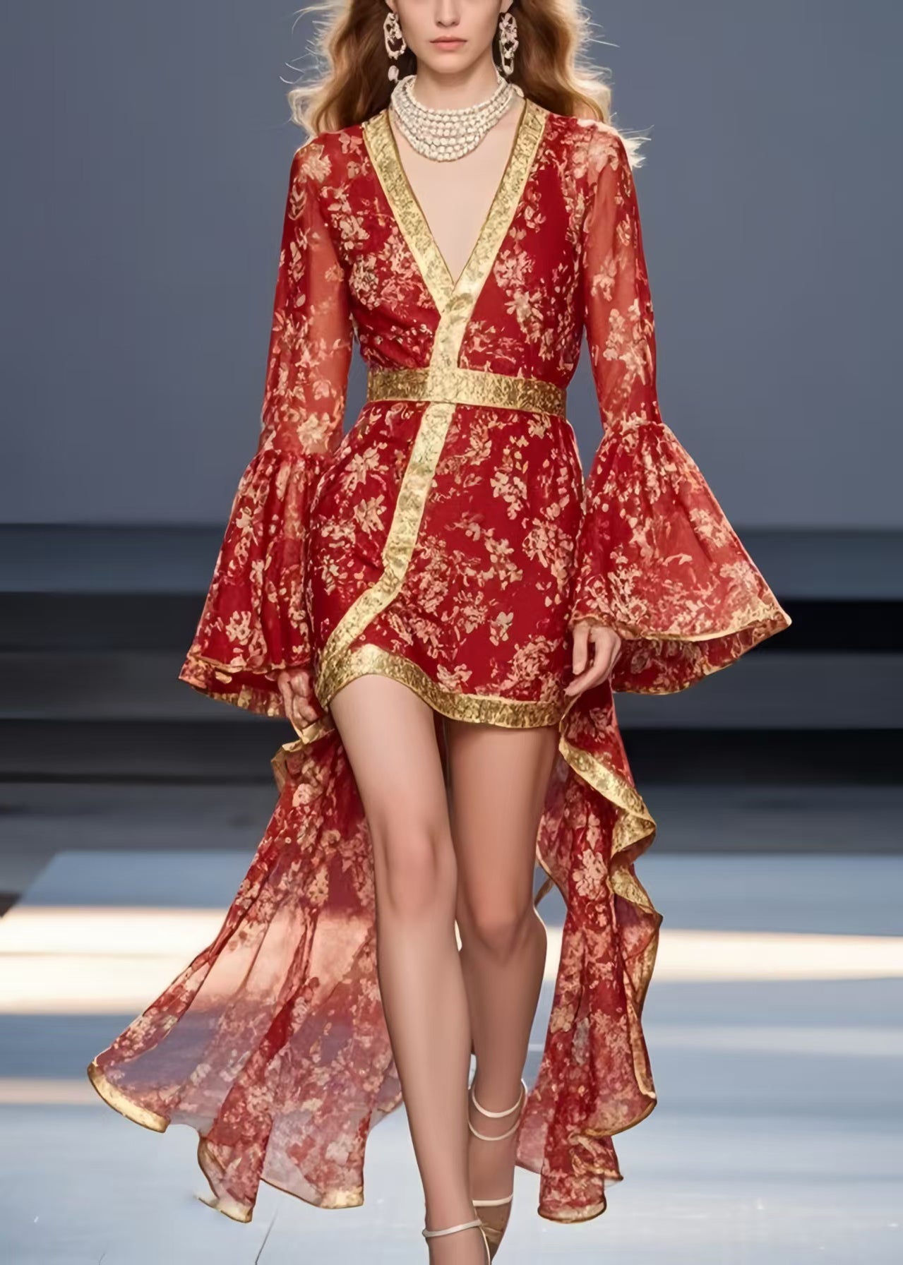 Vintage Red Print Asymmetrical Design Chiffon Mid Dress Flare Sleeve