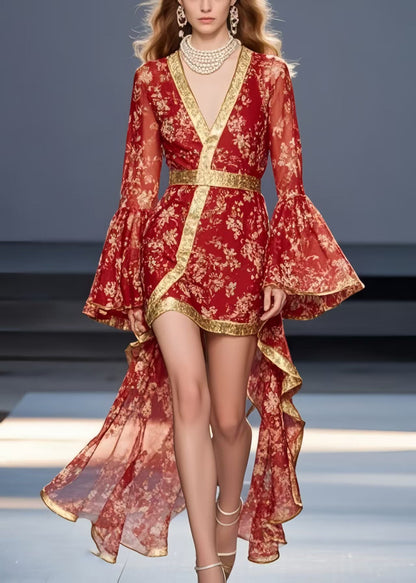 Vintage Red Print Asymmetrical Design Chiffon Mid Dress Flare Sleeve