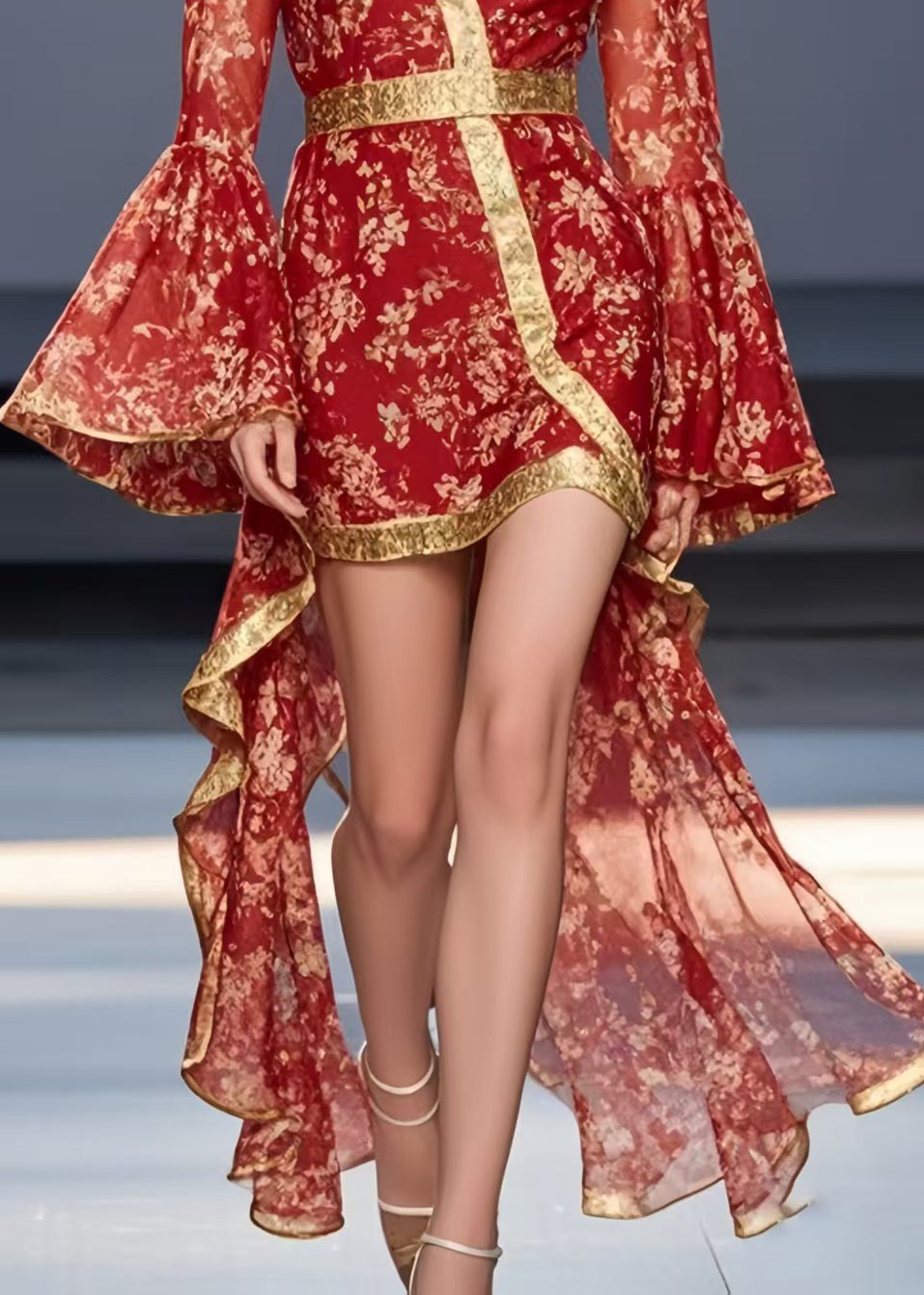 Vintage Red Print Asymmetrical Design Chiffon Mid Dress Flare Sleeve