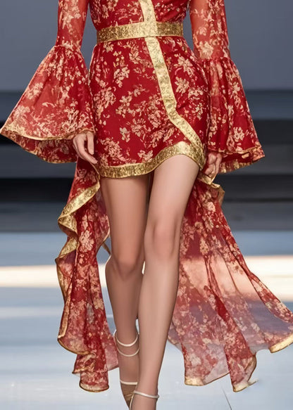 Vintage Red Print Asymmetrical Design Chiffon Mid Dress Flare Sleeve
