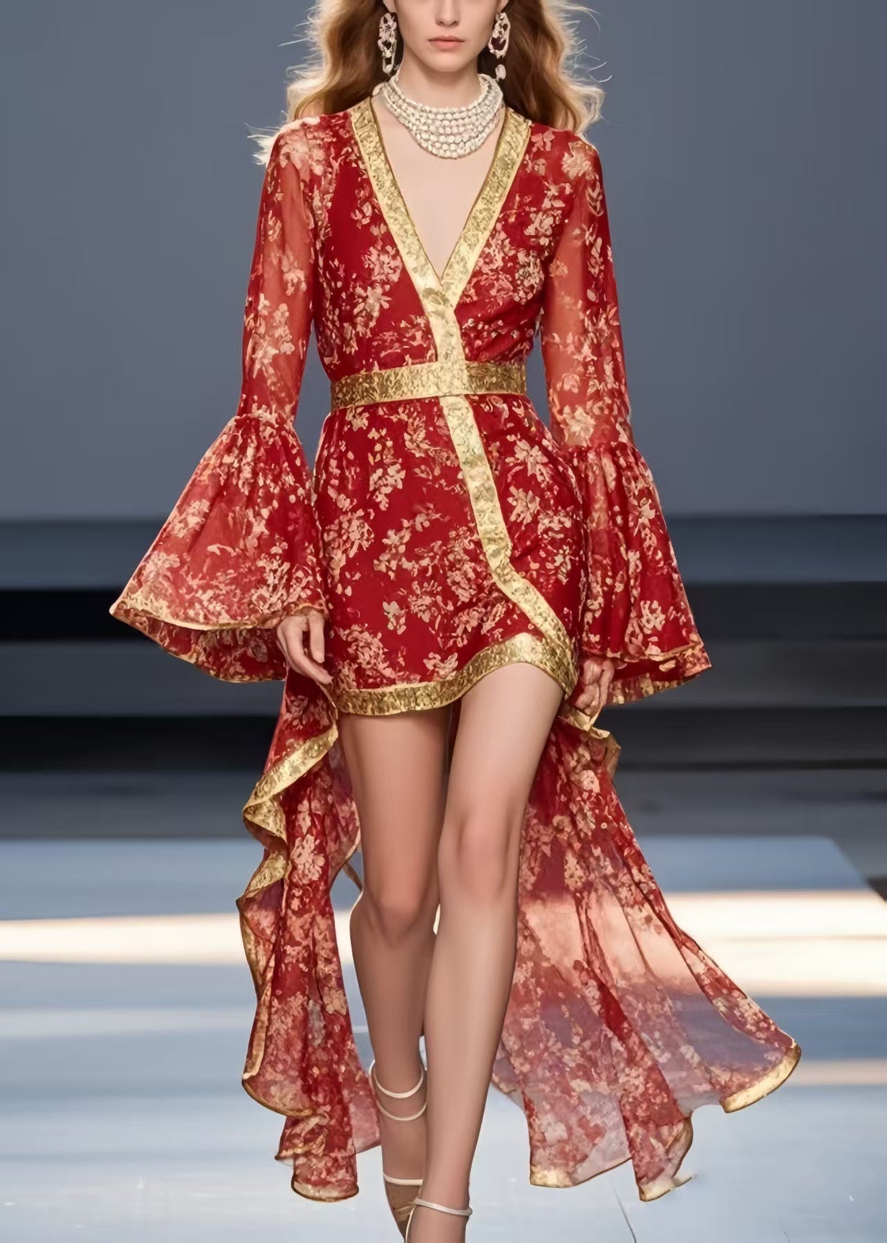 Vintage Red Print Asymmetrical Design Chiffon Mid Dress Flare Sleeve