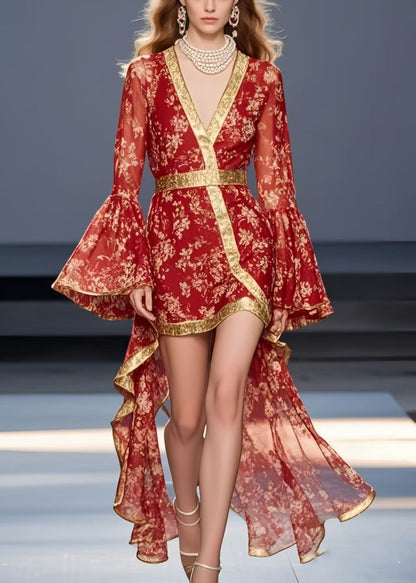 Vintage Red Print Asymmetrical Design Chiffon Mid Dress Flare Sleeve