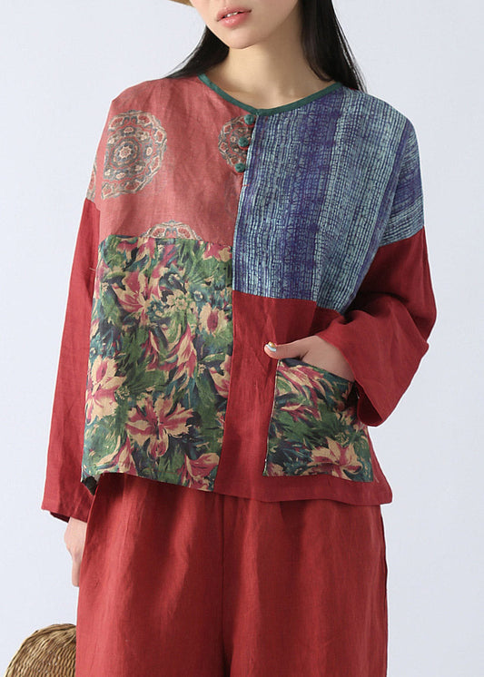 Vintage Red Print Button Shirt Long Sleeve
