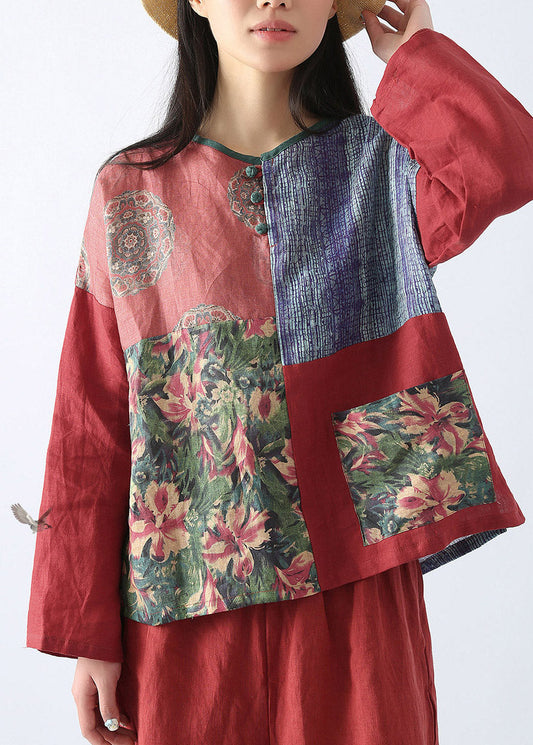 Vintage Red Print Button Shirt Long Sleeve