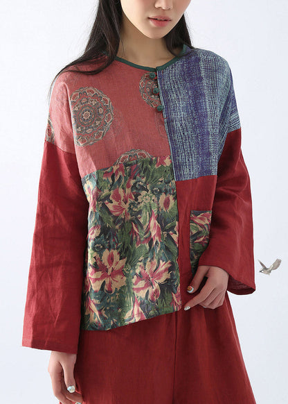 Vintage Red Print Button Shirt Long Sleeve