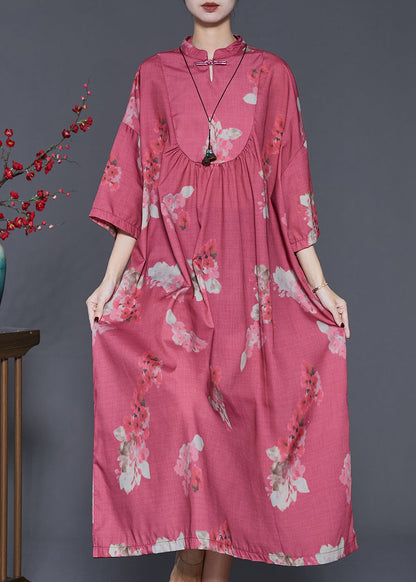 Vintage Red Print Chinese Button Cotton Dresses Spring