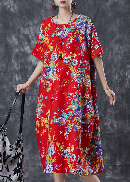 Vintage Red Print Cotton Maxi Dress Oversized Summer